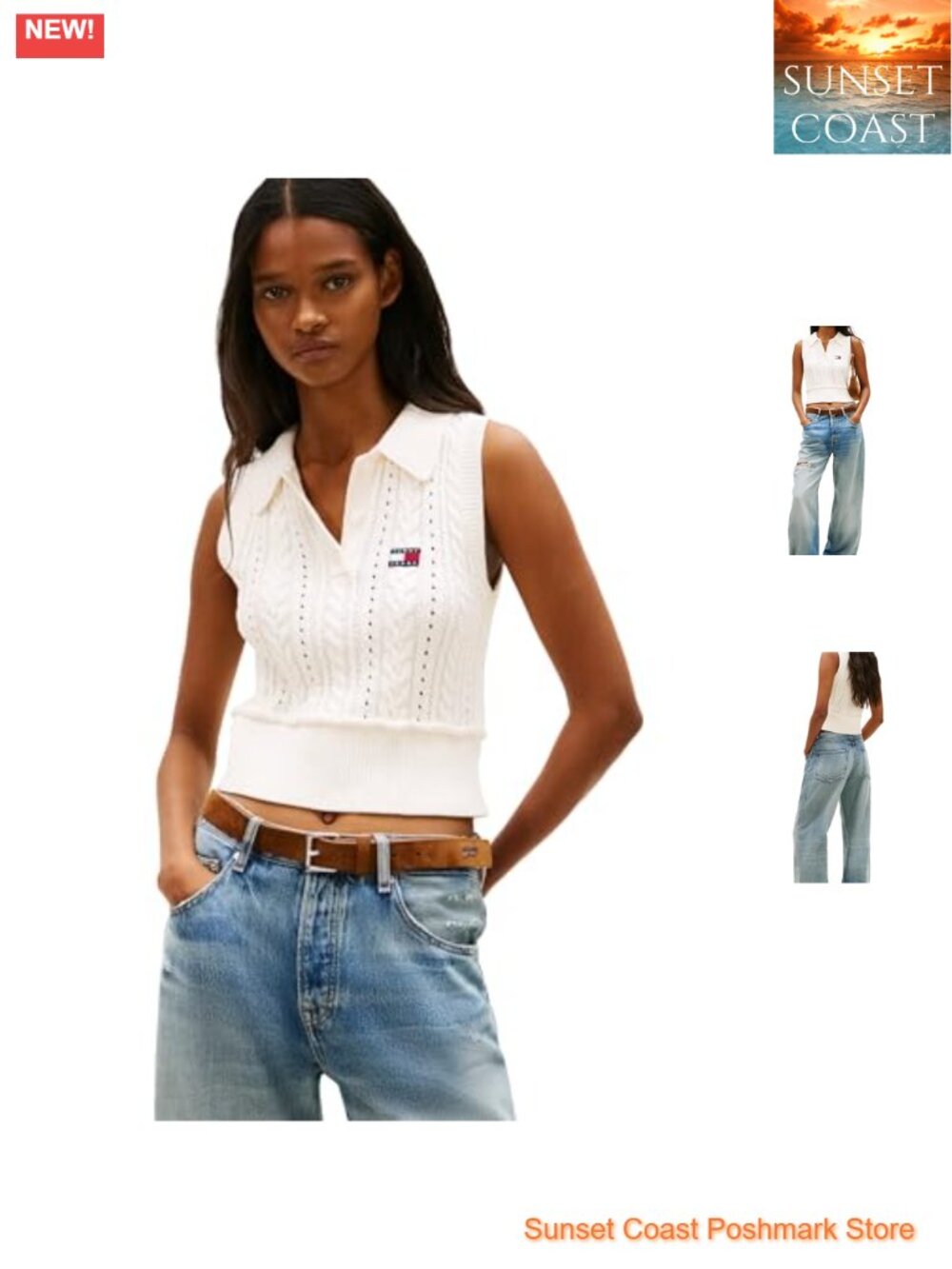 Sleeveless Cable Knit Cropped Polo Sweater Vest Slim Fit